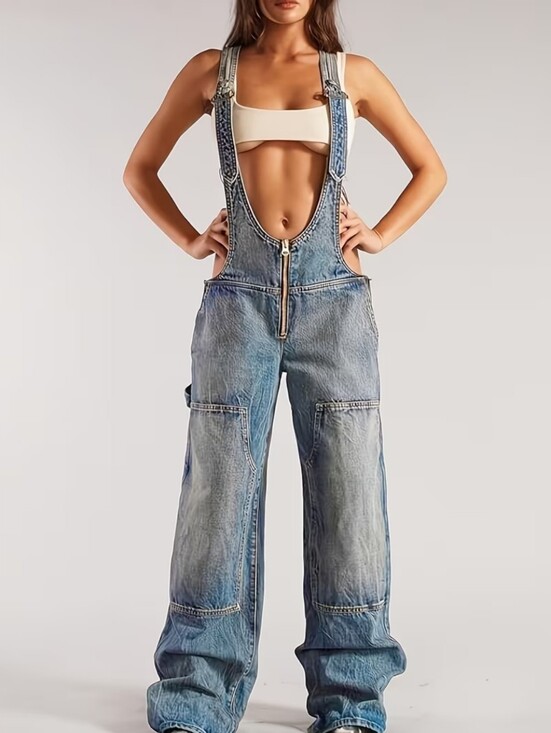 Pants - Jumpsuits Women Jeans Overalls Sexy BacklessVintage Full Length Denim Straight